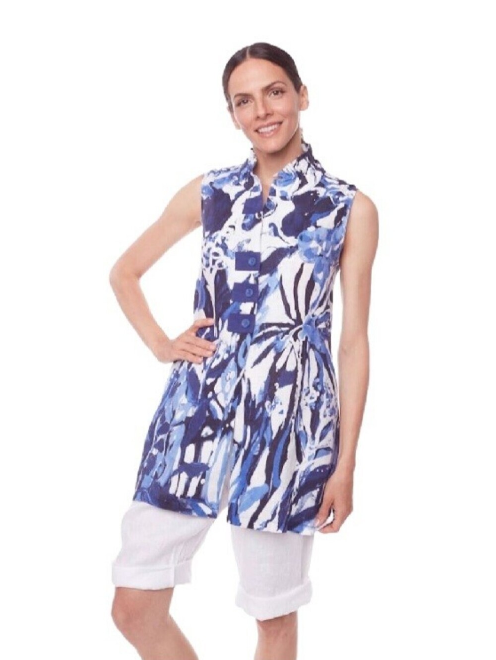 CLAIRE DESJARDINS Delft Ruched Collar Floral Tunic Sz L 100% Linen Artistic